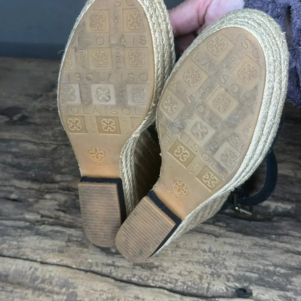 Isola Black Leather Strappy Espadrille Wedge Sandals Zipper Size 8